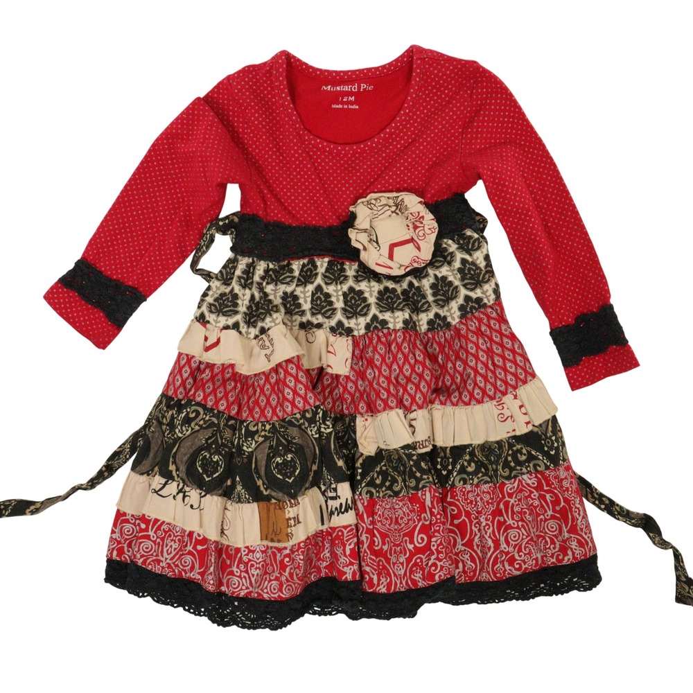 Mustard Pie Dress Boho Tiered Ruffle Red Cotton Baby Girls 12M